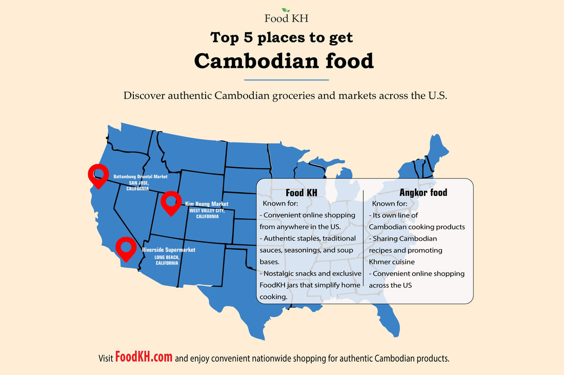 Infographic map of the United States highlighting the top 5 places to get authentic Cambodian food, featuring locations for Battambang Oriental Market, Riverside Supermarket, Kim Heang Market, Food KH, and Angkor Food.